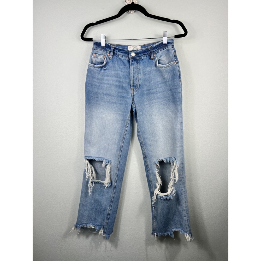We The Free People Jeans Womens Size 25 Blue Cropped Distressed Denim Button Fly